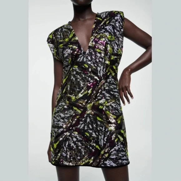 Zara Green and Black Sequin Bodycon Mini Dress - Picture 2 of 4